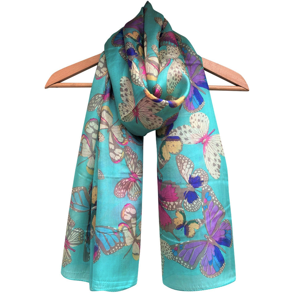 'Beautiful Butterflies - Turquoise' Pure Silk Scarf
