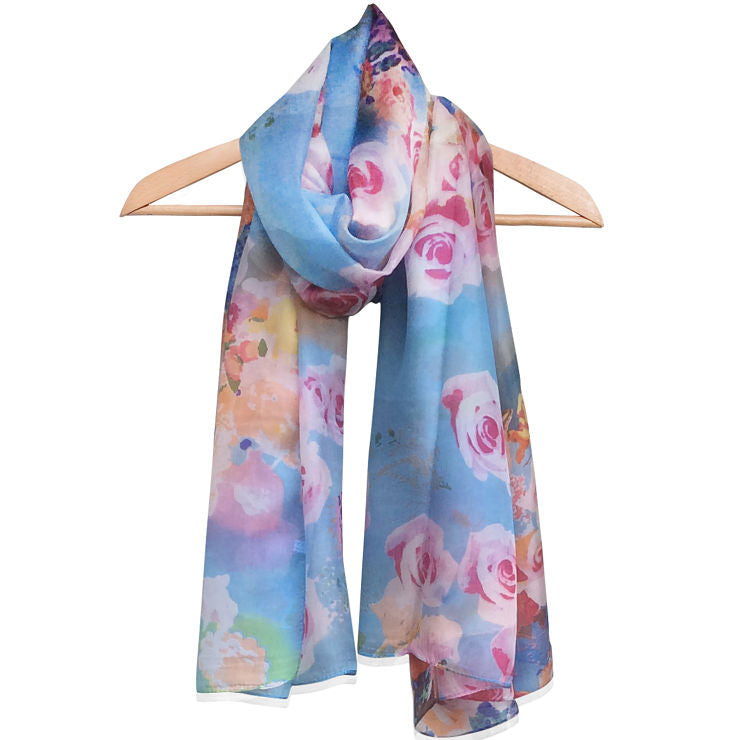 'Vintage Rose - Blue' Pure Silk Scarf
